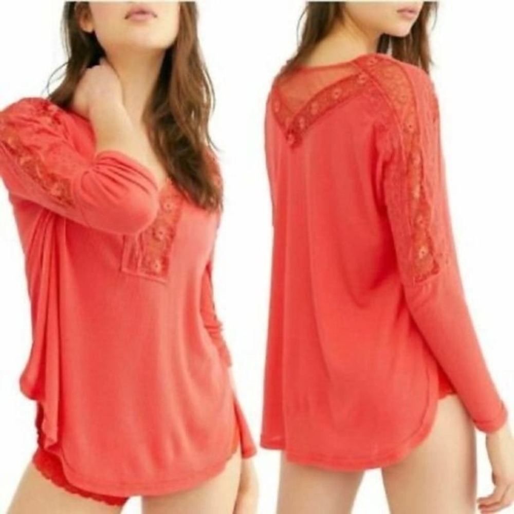 Free People Lola Coral Lace Detail V Neck Long Sleeve Top Size XS